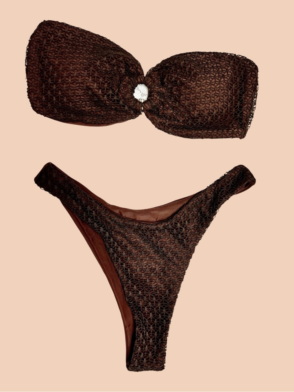 SHEIN Brown Textured CROCHET LIKE Bandeau Bikini with Center Ring Size M NWOT